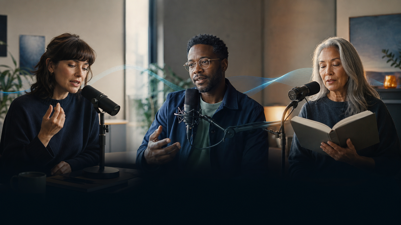 Editorial concept art of three people speaking into microphones
